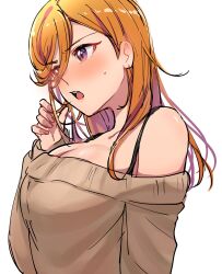 Rule 34 | 1girl, arm up, blush, bra strap, breasts, brown sweater, cleavage, commentary request, embarrassed, fingernails, hair between eyes, highres, love live!, love live! superstar!!, medium breasts, medium hair, mei hinamatsu, off-shoulder sweater, off shoulder, open mouth, orange hair, purple eyes, shibuya kanon, solo, sweatdrop, sweater, teeth, tight clothes, upper teeth only, white background