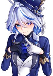 Rule 34 | 1girl, absurdres, ahoge, ascot, asymmetrical gloves, black gloves, blue ascot, blue eyes, blue hair, blue headwear, blue jacket, brooch, commentary request, furina (genshin impact), genshin impact, gloves, hat, highres, jacket, jewelry, long sleeves, looking at viewer, mismatched gloves, multicolored hair, open clothes, open jacket, own hands together, pyeong-il pyeongil, short hair, simple background, solo, streaked hair, top hat, upper body, white background, white gloves, white hair