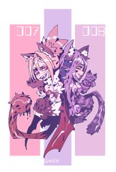 Rule 34 | 2girls, absurdres, animal ears, animal hands, artist name, back-to-back, blush, bow, cat ears, cat tail, cheshire cat (monster girl encyclopedia), claws, elbow gloves, gloves, grin, hair bow, hair intakes, highres, long hair, looking at viewer, low wings, manticore (monster girl encyclopedia), monster girl, monster girl encyclopedia, multiple girls, orange hair, parted lips, ponytail, prehensile tail, purple bow, purple gloves, purple hair, ramenwarwok, red eyes, smile, tail, wings, wolf ears