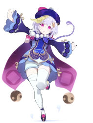 Rule 34 | 1girl, absurdres, bandaged leg, bandages, bead necklace, beads, braid, cape, coin hair ornament, commentary request, full body, genshin impact, hair between eyes, hair ornament, hat, highres, jewelry, jiangshi, long hair, long sleeves, looking at viewer, low ponytail, necklace, ofuda, outstretched arms, parted lips, purple eyes, purple hair, qingdai guanmao, qiqi (genshin impact), shorts, sidelocks, simple background, single braid, solo, spread arms, standing, standing on one leg, thighhighs, warabi yuuzou, white background, white thighhighs, zettai ryouiki