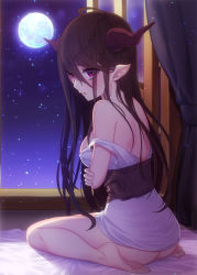 Rule 34 | 10s, 1girl, :o, ahoge, ass, bare legs, bare shoulders, barefoot, bed sheet, blush, breasts, brown hair, curtains, danua, draph, dress, from behind, full moon, granblue fantasy, hair between eyes, horns, indoors, light particles, long hair, looking at viewer, looking back, looking down, medium breasts, moon, night, night sky, no panties, open mouth, open window, patori, pointy ears, purple eyes, sash, self hug, sideboob, sitting, sky, sleeveless, sleeveless dress, soles, solo, star (sky), starry sky, strap slip, toes, wariza, white dress, window