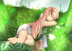 Rule 34 | 1girl, arisa (shadowverse), arm pillow, barefoot, blonde hair, book, elf, closed eyes, feet, flower, long hair, lying, moss, nature, on side, plant, pointy ears, remy (s remy), shadowverse, skirt, sleeping, solo, thighs, tree, water