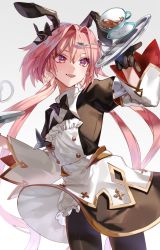 Rule 34 | 1boy, absurdres, astolfo (fate), astolfo (saber) (fate), astolfo (saber) (third ascension) (fate), bad id, bad pixiv id, black bow, black bowtie, black dress, black ribbon, blush, bow, bowtie, buttons, dress, fang, fate/grand order, fate (series), fresa pie, hair between eyes, hair bow, hair intakes, hair ribbon, hand up, highres, holding, holding tray, juliet sleeves, long hair, long sleeves, looking at viewer, male focus, multicolored hair, open mouth, pantyhose, pink hair, puffy sleeves, purple eyes, ribbon, simple background, skirt, smile, solo, streaked hair, trap, tray, twintails, white background, white hair, white skirt, wide sleeves, wing collar