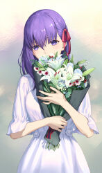 Rule 34 | 1girl, absurdres, blush, bouquet, commentary request, dress, fate/stay night, fate (series), flower, hair between eyes, hair ribbon, head tilt, highres, holding, holding bouquet, leaf, looking at viewer, matou sakura, pink ribbon, purple eyes, purple hair, ribbon, simple background, solo, tooku0, white dress, white flower