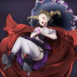 Rule 34 | 1girl, arm garter, black cape, black footwear, black skirt, blonde hair, blush, brooch, cape, floating, forked tongue, garter straps, glowing, glowing eyes, high heels, holding, holding umbrella, jewelry, miniskirt, night, open mouth, original, parasol, pointy ears, red cape, red eyes, shirt, skirt, sleeveless, slit pupils, smile, solo, tongue, twintails, two-sided cape, two-sided fabric, umbrella, underbust, vampire, white legwear, white shirt, yozora