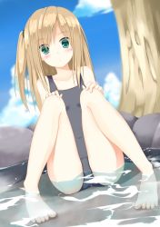 Rule 34 | 1girl, bad id, barefoot, blonde hair, blush, feet, green eyes, highres, ocha no ha, side ponytail, solo, swimsuit, toes, water, wet