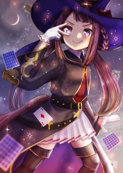 Rule 34 | 1girl, :p, animal ears, belt, blurry, blurry background, boots, brown hair, card, commentary request, hair rings, hat, highres, horse ears, horse girl, long hair, moon, otono (bkt4b), purple eyes, solo, sweep tosho (umamusume), thigh boots, tongue, tongue out, twintails, umamusume, witch hat