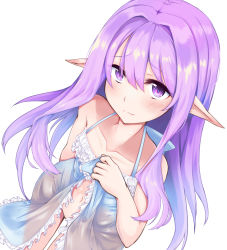 Rule 34 | 1girl, bad id, bad pixiv id, blue dress, character request, clothes lift, collarbone, copyright request, dress, dress lift, elf, from above, highres, lifting own clothes, lingerie, long hair, looking up, navel, negligee, no panties, pointy ears, purple eyes, purple hair, see-through silhouette, smile, solo, suu2510, underwear
