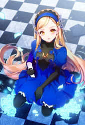 Rule 34 | 10s, 1girl, absurdres, black gloves, black pantyhose, blonde hair, blue dress, blue flower, blue hairband, blue rose, book, checkered floor, chepill, closed mouth, dress, elbow gloves, flower, from above, gloves, hairband, highres, lavenza (persona 5), long hair, looking at viewer, pantyhose, persona, persona 5, rose, sitting, solo, wariza, yellow eyes