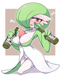 Rule 34 | 1girl, alcohol, beer, blush, bob cut, border, bottle, breasts, brown background, collarbone, colored skin, creatures (company), drink, drooling, drunk, female focus, full body, game freak, gardevoir, gen 3 pokemon, green hair, green skin, groin, hair over one eye, hands up, highres, holding, holding bottle, holding drink, ikuzonomiki12, japanese text, kneeling, large breasts, looking to the side, multicolored skin, nintendo, nose blush, one eye covered, open mouth, outline, outside border, pokemon, pokemon (creature), red eyes, saliva, short hair, simple background, solo, sweat, thighs, translation request, two-tone skin, white border, white outline, white skin