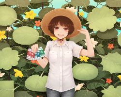 Rule 34 | 1girl, brown eyes, brown hair, commentary, cowboy shot, denim, flower, garden, hat, heart, jeans, leaf, looking at viewer, open mouth, original, pants, plant, short hair, smile, solo, straw hat, sun hat, yajirushi (chanoma)