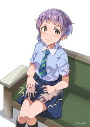 Rule 34 | :&lt;, black legwear, blue shirt, blue skirt, breasts, commentary request, couch, highres, idolmaster, idolmaster million live!, legs, looking at viewer, makabe mizuki, necktie, pleated skirt, purple hair, shirt, short hair, short sleeves, sidelocks, signature, sitting, skirt, slapping, small breasts, solo, thighs, v-shaped eyebrows, white background, wing collar, yanagita kousuke, yellow eyes