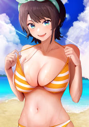 Rule 34 | 1girl, :d, beach, bikini, black hair, blue eyes, blue sky, breasts, cleavage, clothes pull, cloud, commentary request, day, hair ribbon, hego 0102, highres, hololive, large breasts, looking at viewer, navel, ocean, one-piece swimsuit pull, oozora subaru, oozora subaru (hololive summer 2019), open mouth, orange bikini, outdoors, ribbon, sky, smile, solo, stomach, striped bikini, striped clothes, sunlight, swimsuit, teeth, upper body, upper teeth only, virtual youtuber, wet