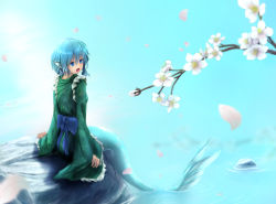 Rule 34 | 1girl, blue eyes, blue hair, borushichi, branch, cherry blossoms, fins, from behind, gradient background, head fins, highres, looking to the side, matching hair/eyes, mermaid, monster girl, open mouth, ripples, rock, short hair, sitting, sitting on rock, solo, touhou, wakasagihime, water