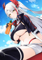 Rule 34 | 1girl, antenna hair, azur lane, black jacket, black shirt, black thighhighs, bottle, breasts, collared shirt, crop top, cropped jacket, highleg, highres, holding, jacket, large breasts, long hair, looking at viewer, luse maonang, midriff, multicolored hair, navel, official alternate costume, open clothes, open jacket, parted lips, prinz eugen (azur lane), prinz eugen (final lap) (azur lane), race queen, revealing clothes, shirt, short shorts, short sleeves, shorts, sitting, skindentation, sleeveless, sleeveless shirt, solo, stomach, streaked hair, sweat, thighhighs, thighs, two side up, underboob, very long hair, white hair, white shorts, yellow eyes