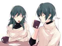 Rule 34 | 1boy, 1girl, alternate costume, bad id, bad twitter id, blue hair, byleth (female) (fire emblem), byleth (fire emblem), byleth (male) (fire emblem), closed eyes, closed mouth, cookie, cup, fire emblem, fire emblem: three houses, food, from side, holding, holding cup, long sleeves, medium hair, naho (pi988y), nintendo, plate, short hair, simple background, table, twitter username, upper body, white background