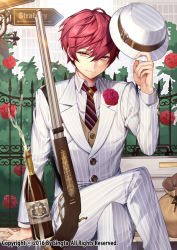 Rule 34 | bad id, bad pixiv id, bottle, boutonniere, brown vest, buttons, carchet, carnation, closed mouth, commentary, copyright name, crossed legs, ears visible through hair, fingernails, flower, formal, gun, hair between eyes, hat, holding, long sleeves, looking at viewer, male focus, multicolored clothes, necktie, official art, original, pink eyes, pinstripe pattern, pinstripe suit, red carnation, red flower, red hair, rifle, short hair, sid story, sign, sitting, solo, striped necktie, striped neckwear, suit, unworn hat, unworn headwear, vest, weapon, wine bottle