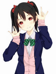 Rule 34 | 10s, 1girl, 96tuki, \m/, black hair, blazer, blush, cardigan, double \m/, grin, hair ornament, jacket, looking at viewer, love live!, love live! school idol project, open jacket, open clothes, open jacket, plaid, red eyes, school uniform, skirt, smile, solo, twintails, yazawa nico