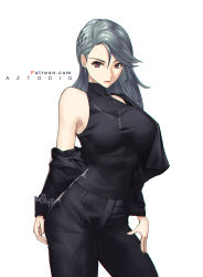Rule 34 | 1girl, aztodio, bare shoulders, black pants, black shirt, unworn blazer, brown eyes, commentary, cowboy shot, earrings, english commentary, hand on own thigh, highres, jewelry, long hair, necklace, niijima sae, pants, persona, persona 5, pink lips, shirt, silver hair, sleeveless, sleeveless shirt, unworn sweater, turtleneck