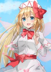 Rule 34 | 1girl, blonde hair, blue eyes, blush, capelet, dress, fairy, fairy wings, hair between eyes, hat, highres, index finger raised, lily white, long hair, long sleeves, one-hour drawing challenge, open mouth, shironeko yuuki, smile, solo, teeth, touhou, upper body, upper teeth only, white capelet, white dress, white hat, wings