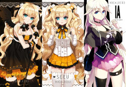 Rule 34 | 2girls, animal ears, aqua eyes, bad id, bad pixiv id, bare shoulders, black dress, blonde hair, blue eyes, breasts, cat ears, character name, cleavage, dress, hair ribbon, headset, ia (vocaloid), khj, long hair, looking at viewer, medium breasts, microphone, multiple girls, pink hair, ribbon, seeu, skirt, small breasts, smile, thigh strap, thighhighs, very long hair, vocaloid, wings, zettai ryouiki