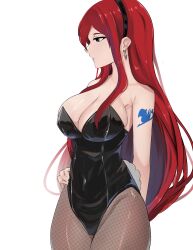 Rule 34 | 1girl, absurdres, arm behind back, arm tattoo, bare shoulders, biru saeika, black hairband, black leotard, breasts, brown eyes, cleavage, closed mouth, earrings, erza scarlet, facing to the side, fairy tail, fishnet pantyhose, fishnets, hairband, hand on own hip, highres, jewelry, large breasts, leotard, long hair, looking ahead, pantyhose, playboy bunny, rabbit tail, red hair, simple background, solo, tail, tattoo, very long hair, white background