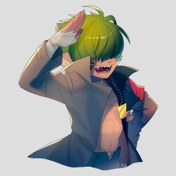 Rule 34 | 1boy, abs, animal nose, armband, ash (pop&#039;n music), bandaged hand, bandages, black coat, black pants, coat, green hair, grey background, hair over eyes, jewelry, kiri futoshi, lightning bolt necklace, male focus, navel piercing, necklace, open clothes, open coat, open fly, pants, piercing, pop&#039;n music, red armband, salute, sharp teeth, short hair, signature, solo, teeth, werewolf