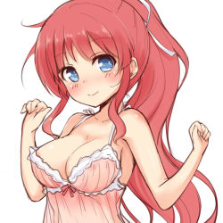 Rule 34 | 1girl, bare arms, bare shoulders, blue eyes, blush, breasts, character request, chemise, cleavage, closed mouth, collarbone, hair ribbon, hands up, high ponytail, iris mysteria!, large breasts, long hair, ponytail, red hair, ribbon, sidelocks, smile, solo, very long hair, white ribbon, yuu (yumezakura)