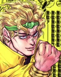 Rule 34 | 1boy, blonde hair, bracelet, clenched hand, derivative work, dio brando, earrings, glint, headband, heart-shaped ornament, highres, jacket, jewelry, jojo no kimyou na bouken, jpeg artifacts, male focus, comic panel redraw, official style, red eyes, ruushii (lucy steel6969), solo, stardust crusaders, yellow jacket