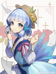 Rule 34 | 1girl, artist name, ayaka (genshin impact), blue dress, blue hair, blunt bangs, braid, butterfly hair ornament, closed mouth, commentary request, dress, floral background, flower, genshin impact, hair flower, hair ornament, hair up, hands up, hat, hat flower, highres, kamisato ayaka, kamisato ayaka (springbloom missive), light blue hair, long sleeves, looking at viewer, mole, mole under eye, official alternate costume, paper, puffy long sleeves, puffy sleeves, shimanakao (shimanaka sushi), smile, solo, sparkle, upper body, white background
