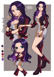 Rule 34 | 1girl, blue eyes, boots, bracelet, chibi, commentary request, cropped jacket, cropped torso, crossed arms, dress, earrings, full body, high heel boots, high heels, highres, jewelry, long hair, looking to the side, multiple views, necklace, nico robin, one piece, one piece film: red, purple hair, red footwear, red nails, ring, sharp teeth, short dress, single thighhigh, sparkle, striped clothes, striped dress, teeth, thighhighs, twitter username, vertical-striped clothes, vertical-striped dress, yoki (ricardo blue73)