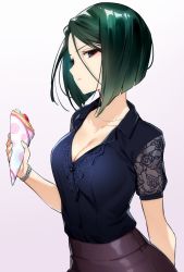 Rule 34 | 1girl, arm behind back, black eyes, blue shirt, breasts, cleavage, closed mouth, collarbone, crepe, dress shirt, fate/zero, fate (series), food, green hair, hair between eyes, highres, hisau maiya, holding, holding food, jewelry, medium breasts, necklace, shirt, short hair, short sleeves, simple background, solo, tochi keisuke, upper body, white background