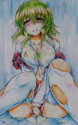 Rule 34 | 1girl, bad id, bad pixiv id, blush, breasts, cleavage, collarbone, colored pencil (medium), covering privates, covering crotch, green hair, highres, kazami yuuka, large breasts, navel, nichibotsu (kitaziman), off shoulder, pee, peeing, peeing self, red eyes, short hair, sitting, solo, tears, teeth, thighhighs, torn clothes, torn thighhighs, touhou, traditional media, white thighhighs, wooden floor