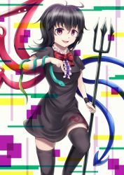 Rule 34 | 1girl, :d, asymmetrical wings, bad id, bad pixiv id, black dress, black hair, black thighhighs, bow, bowtie, cowboy shot, dress, frills, highres, houjuu nue, knee up, looking at viewer, mosaic background, open mouth, polearm, red bow, red bowtie, red eyes, sakatsu ohane, short sleeves, smile, snake, solo, thighhighs, touhou, trident, weapon, wings, zettai ryouiki