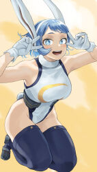 Rule 34 | 1girl, absurdres, animal ears, armpits, bare shoulders, blue eyes, blue hair, boku no hero academia, breasts, collarbone, commentary, cosplay, crotch, double v, fengling (furin-jp), groin, hadou nejire, hairband, highres, large breasts, legs, looking at viewer, mirko, mirko (cosplay), navel, open mouth, rabbit ears, rabbit tail, revision, short hair, simple background, smile, solo, tail, thighhighs, thighs, tight clothes, v, white hairband, wide hips, yellow background