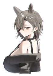 Rule 34 | 1girl, alternate costume, animal ears, arknights, breasts, closed mouth, commentary request, extra ears, from behind, highres, horn/wood, large breasts, looking at viewer, mole above eye, off shoulder, penance (arknights), short hair, simple background, solo, upper body, white background, wolf ears, wolf girl, yellow eyes