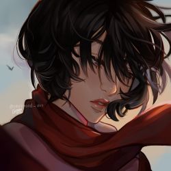 Rule 34 | 1girl, artist name, bird, black hair, close-up, cloud, commentary, dated, english commentary, eyebrows hidden by hair, eyelashes, floating scarf, highres, likelihood art, lips, long scarf, messy hair, mikasa ackerman, outdoors, parted lips, red lips, red scarf, scarf, shingeki no kyojin, short hair, sky, solo, upper body