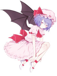 Rule 34 | 1girl, ascot, back bow, bat wings, blue hair, bow, closed mouth, frilled skirt, frilled sleeves, frills, from side, hair between eyes, hat, large bow, light smile, looking at viewer, mob cap, no socks, perri (mnemosine), pink hat, pink shirt, pink skirt, puffy short sleeves, puffy sleeves, red ascot, red bow, red eyes, red ribbon, remilia scarlet, ribbon, ribbon-trimmed headwear, ribbon trim, shirt, short hair, short sleeves, simple background, skirt, solo, touhou, white background, white footwear, wings