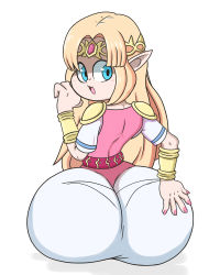 Rule 34 | 1girl, absurdres, armor, ass, blonde hair, blue eyes, bracer, from behind, highres, huge ass, long hair, looking back, lotikmac, narrow waist, nintendo, open mouth, pantylines, pointy ears, princess zelda, shoulder armor, simple background, sitting, smile, solo, the legend of zelda, tiara, white background
