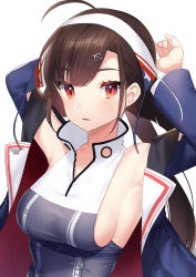 Rule 34 | 1girl, ahoge, akagi kurage, armpits, arms behind head, arms up, azur lane, blue jacket, breasts, brown hair, dress, fingernails, grey dress, hairband, highres, independence (azur lane), jacket, long hair, long sleeves, looking at viewer, medium breasts, open clothes, open jacket, parted lips, red eyes, sideboob, simple background, sleeveless, sleeveless dress, solo, upper body, very long hair, white background, white hairband