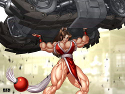 Rule 34 | 1girl, biceps, breasts, brown eyes, brown hair, caterpillar tracks, cleavage, cosplay, crossover, extreme muscles, fatal fury, fingerless gloves, gauntlets, gloves, large breasts, metal slug, military, military vehicle, motor vehicle, muscular, muscular female, pelvic curtain, ponytail, ren (tainca2000), revealing clothes, ribbon, sash, shiranui mai, snk, solo, sv001 (metal slug), tank, the king of fighters, vehicle