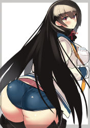 Rule 34 | 10s, 1girl, ass, black hair, blush, bra, breasts, buruma, curvy, female focus, highres, huge ass, isokaze (kancolle), kantai collection, large breasts, long hair, looking at viewer, looking back, open clothes, open shirt, plump, red eyes, school uniform, serafuku, shirt, solo, takamura wamu, thick thighs, thighhighs, thighs, underwear, very long hair, wide hips