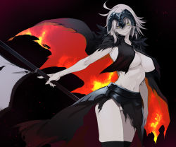 Rule 34 | 10mo, 1girl, absurdres, ahoge, black cape, black skirt, black thighhighs, breast curtains, breasts, cape, fate/grand order, fate (series), flag, grey hair, headpiece, highres, jeanne d&#039;arc alter (avenger) (fate), jeanne d&#039;arc alter (fate), large breasts, looking at viewer, polearm, short hair, skirt, solo, thighhighs, thighs, underboob, weapon, yellow eyes