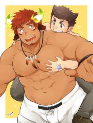 Rule 34 | 2boys, american football uniform, animal ears, bandaid, bandaid on face, bandaid on nose, bara, bare pectorals, blush, brown eyes, brown hair, bulge, cat ears, commission, cow boy, cow ears, facial hair, fiery horns, forked eyebrows, glowing horns, goatee, grabbing, groping, hair ears, highres, horns, kontahsm, large pectorals, male focus, protagonist 1 (housamo), multiple boys, muscular, muscular male, nipples, pectoral grab, pectorals, short hair, shorts, sideburns, size difference, skeb commission, spiked hair, sportswear, stomach, stubble, thick eyebrows, tokyo houkago summoners, topless male, wakan tanka, white shorts, yaoi
