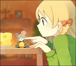 Rule 34 | 2girls, = =, animal ears, ayu (mog), blonde hair, blue eyes, blurry, blurry background, bow, cheek poking, cheese, chromatic aberration, closed mouth, depth of field, fingernails, food, green sweater, hair bow, indoors, mini person, minigirl, mouse ears, mouse girl, multiple girls, original, poking, polka dot, polka dot bow, profile, red bow, sitting, size difference, sweater, upper body