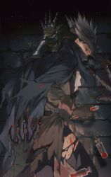 Rule 34 | 1girl, against wall, arm up, belt, black mask, black pants, blood, blood vial, bloodborne, brick wall, brown belt, brown gloves, brown hair, cape, claws, from behind, gloves, hat, highres, holding vial, hunter (bloodborne), mask, monster, mouth mask, pants, ponytail, solo focus, torn cape, torn clothes, torn coat, torn hat, tricorne, yujia0412