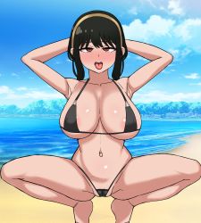 Rule 34 | 1girl, armpits, bikini, blush, breasts, exhibitionism, eyebrows, female focus, half-closed eyes, highres, large breasts, looking at viewer, micro bikini, open mouth, outdoors, public indecency, solo, soyecchi, spy x family, swimsuit, tongue, tongue out, yor briar