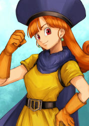 Rule 34 | 1girl, alena (dq4), arm up, bad id, bad pixiv id, belt buckle, blue cape, buckle, cape, clenched hand, dragon quest, dragon quest iv, earrings, gloves, hand on own hip, jewelry, long hair, looking at viewer, orange gloves, orange hair, red eyes, shirt, short sleeves, smile, solo, usui natrium, yellow shirt
