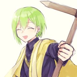 Rule 34 | 1boy, adams (toh), black shirt, blush, clothing request, collared shirt, cross, closed eyes, green hair, highres, holding, holding cross, long sleeves, male focus, pale skin, shirt, short hair, smile, solo, tower of hanoi, white background, yume (bp25mt)