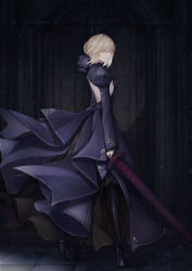 Rule 34 | 1girl, artoria pendragon (all), artoria pendragon (fate), backless dress, backless outfit, black bow, black dress, black footwear, black thighhighs, boots, bow, braid, breasts, brown eyes, closed mouth, commentary request, dress, excalibur morgan (fate), fate/grand order, fate (series), from side, hair between eyes, hair bow, hair bun, high heel boots, high heels, highres, holding, holding sword, holding weapon, juliet sleeves, light brown hair, long sleeves, looking at viewer, looking to the side, marumoru, puffy sleeves, saber alter, single hair bun, small breasts, solo, standing, sword, thigh boots, thighhighs, weapon